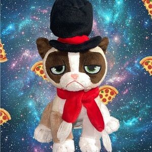 Grumpy Cat Plush Cat Toy with Red Scarf and Black Hat